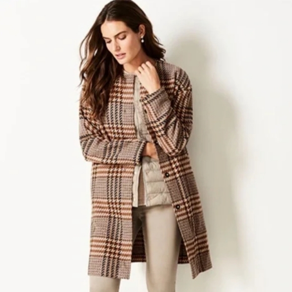 J. Jill Jackets & Blazers - J.jill Brown Black Plaid Oversized Snap Coat Mid Length Wool Blend M Petite